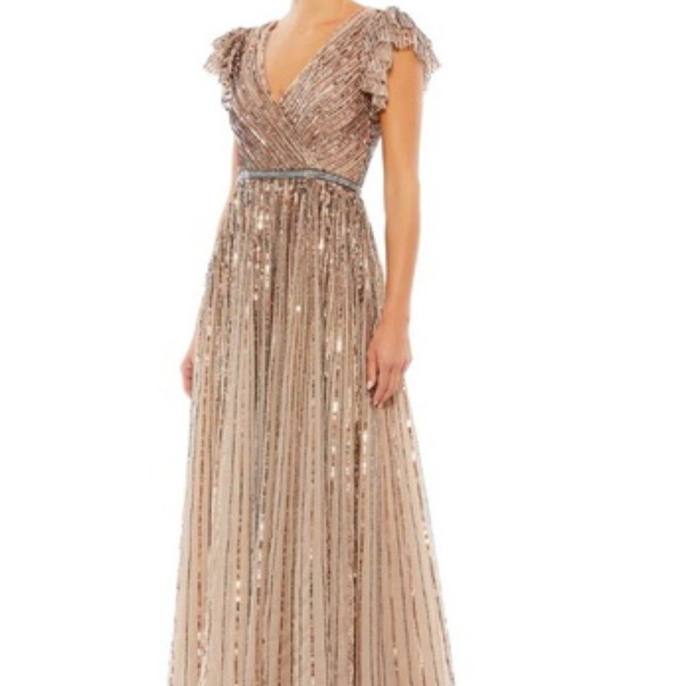 Mac Duggal Copper Taupe Beaded Cap Sleeve Tulle A-Line Gown